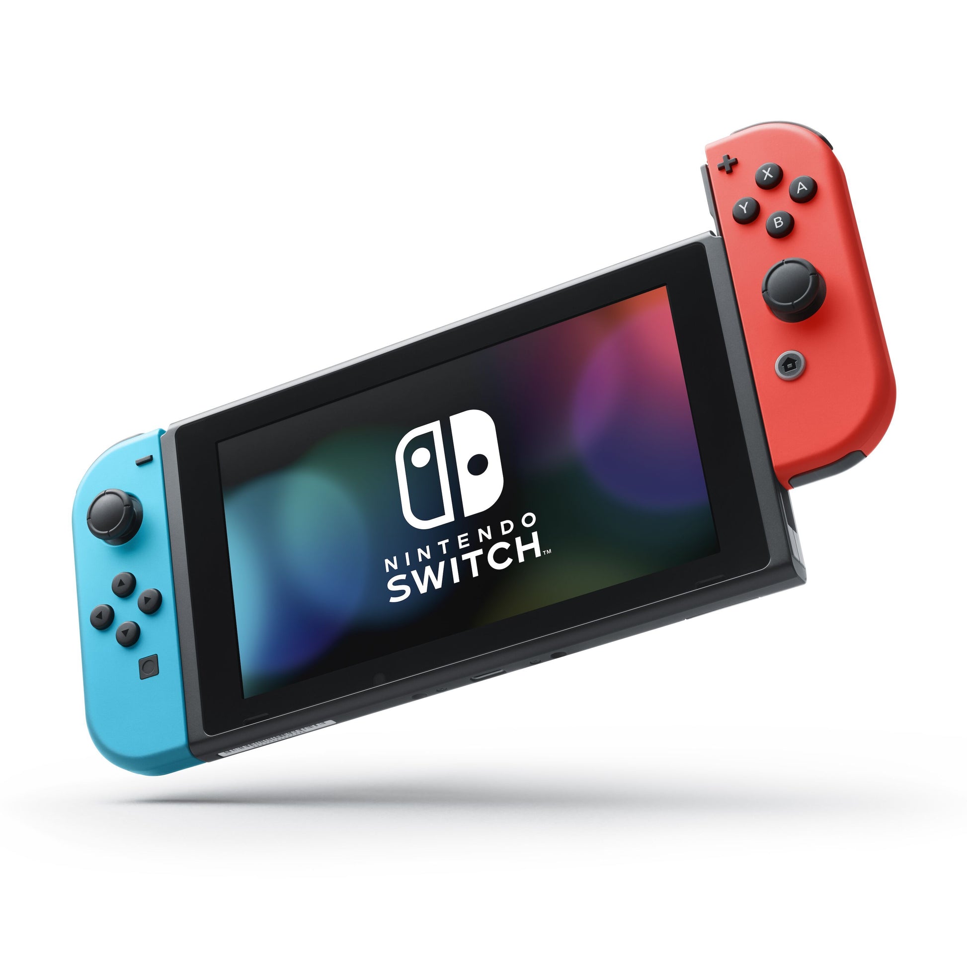 Nintendo Switch 2019 konsol 6,2" håndholdt med neonblå Joy-Con venstre, neonrød højre og Switch-logo på skærmen.