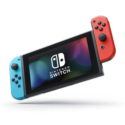 Nintendo Switch 2019 konsol 6,2" håndholdt med neonblå Joy-Con venstre, neonrød højre og Switch-logo på skærmen.