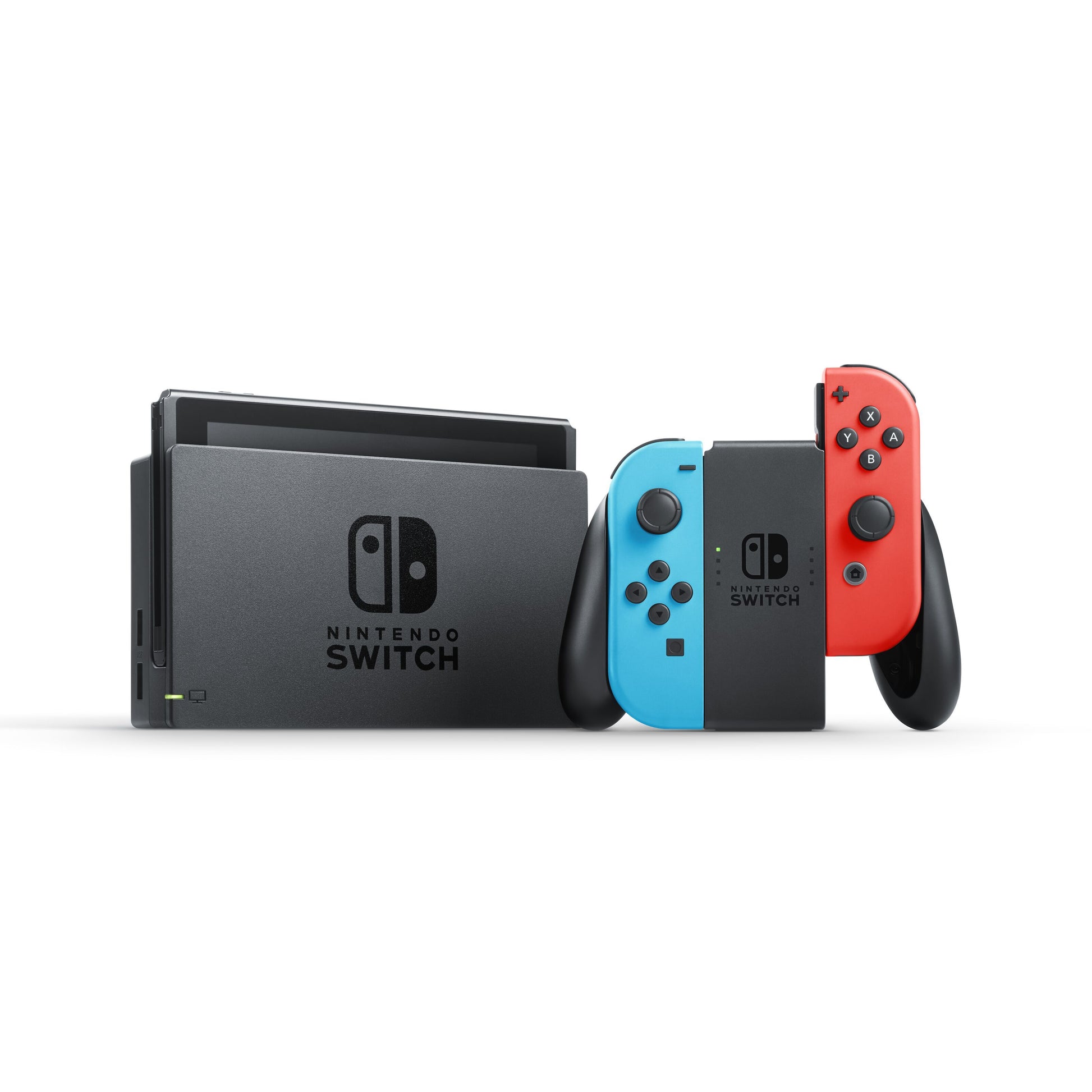 Nintendo Switch 2019 spillekonsol 6,2" rød/blå med sort dock og blå/rød Joy-Con-controllere samlet i greb.