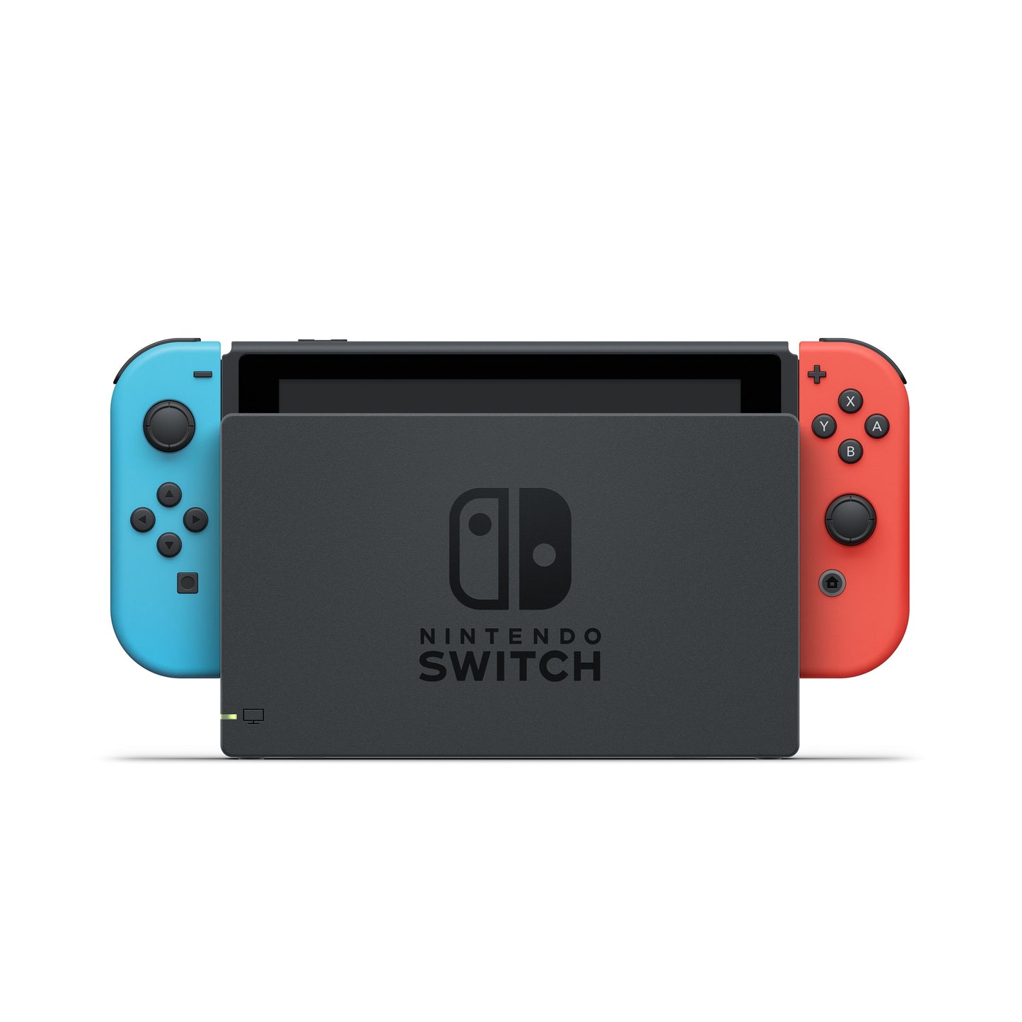 Nintendo Switch 2019 6,2" konsol med røde og blå Joy-Con controllere og dockingstation.