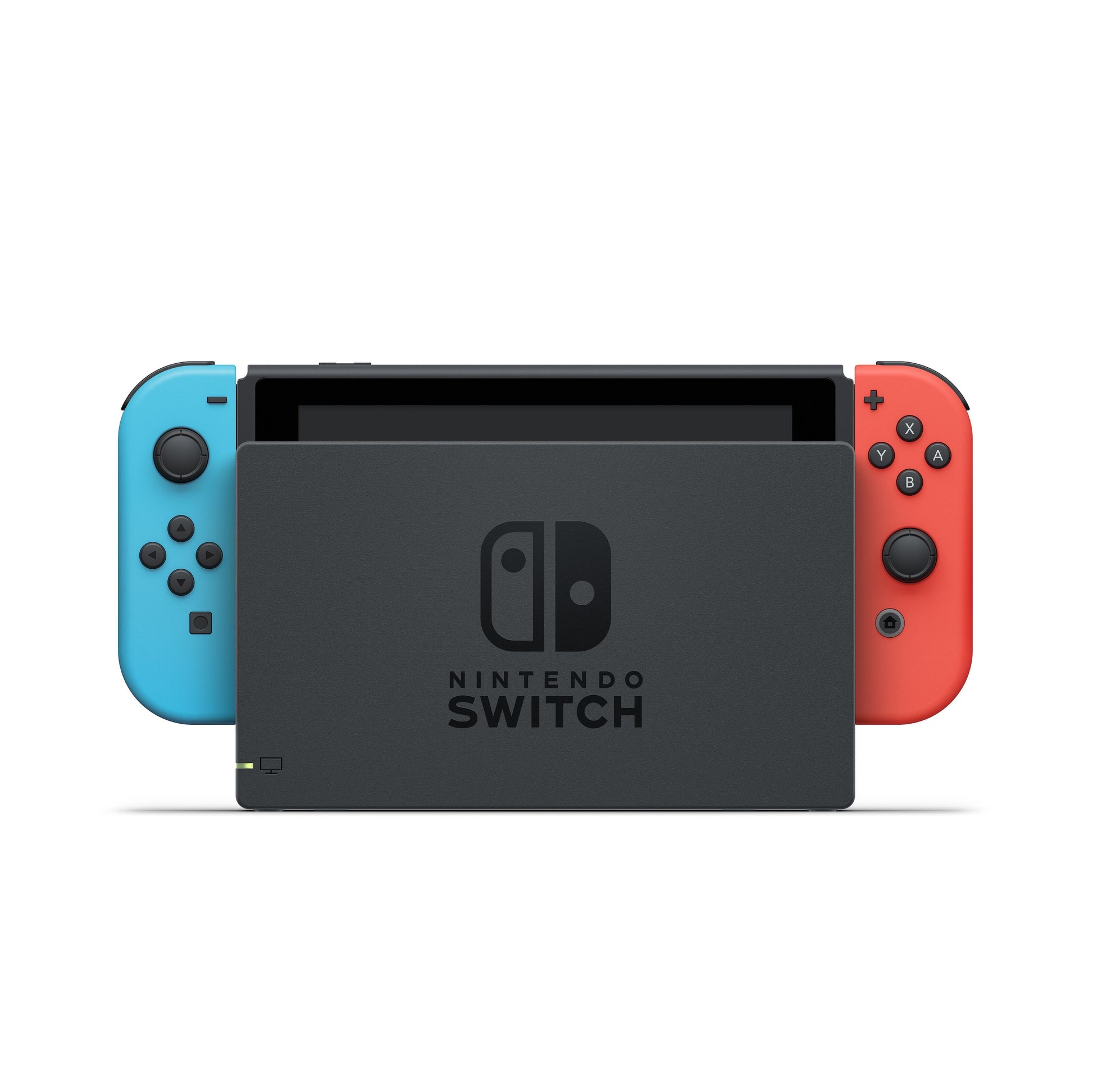 Nintendo Switch 2019 6,2" konsol med røde og blå Joy-Con controllere og dockingstation.