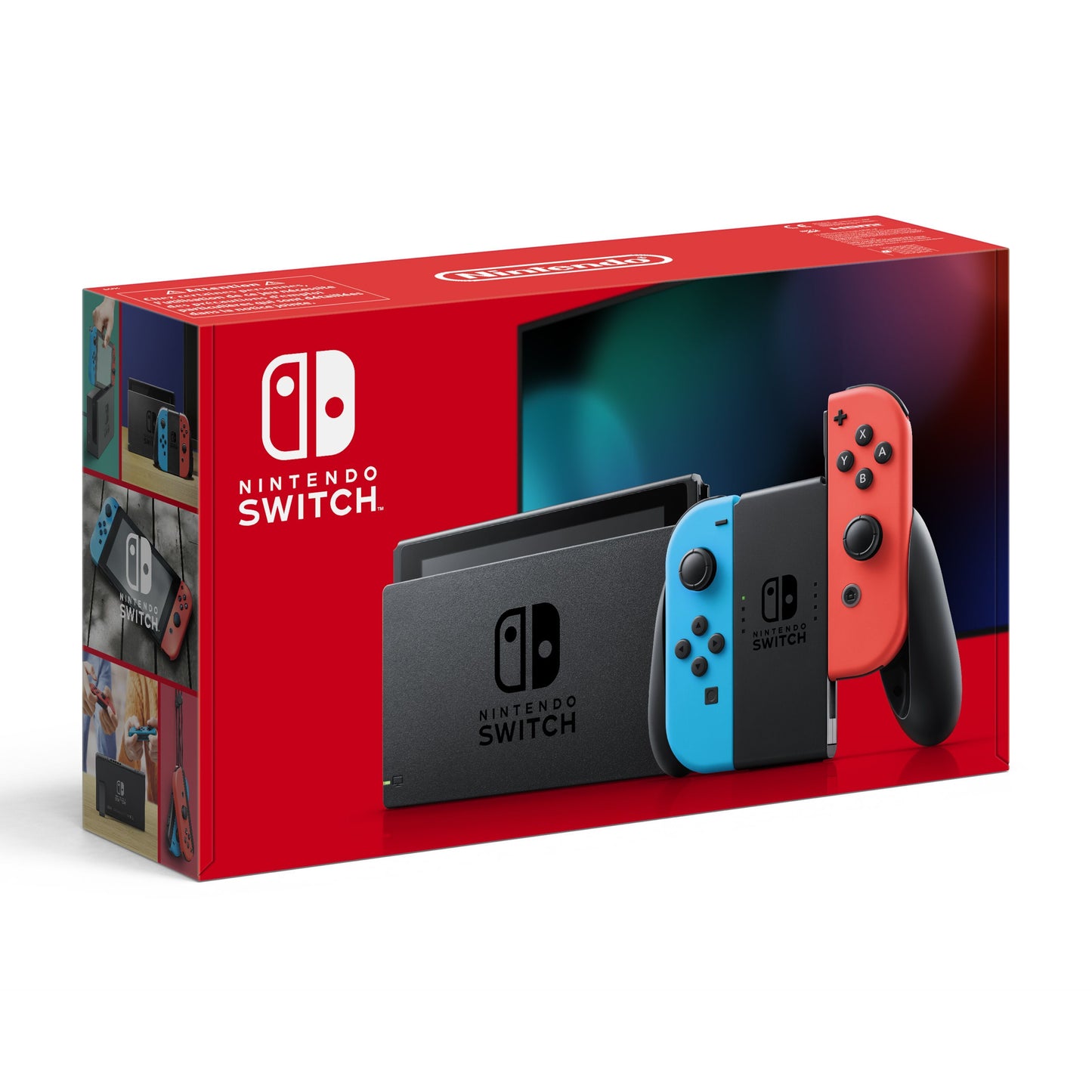 Nintendo Switch 2019 spillekonsol 6,2", dockingstation, to Joy-Con i rød/blå, æske med billeder af brugsmuligheder.