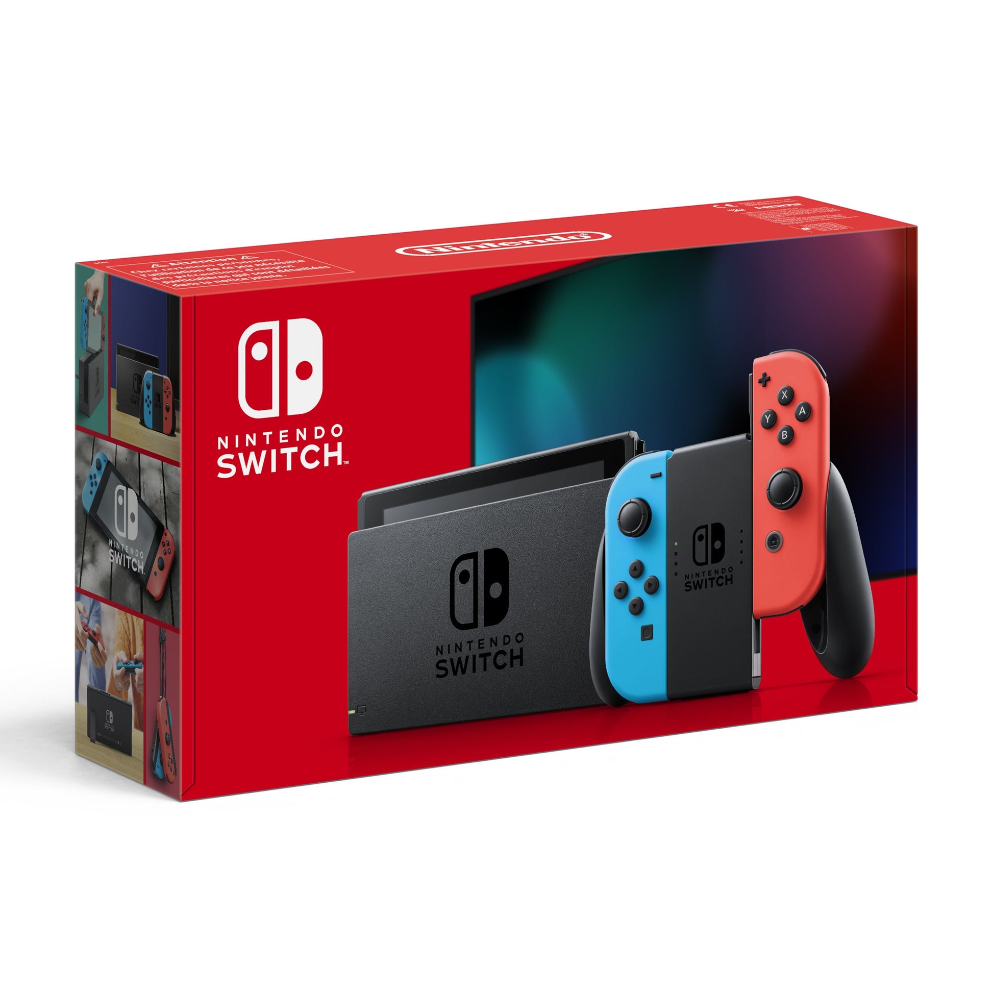 Nintendo Switch 2019 spillekonsol 6,2", dockingstation, to Joy-Con i rød/blå, æske med billeder af brugsmuligheder.