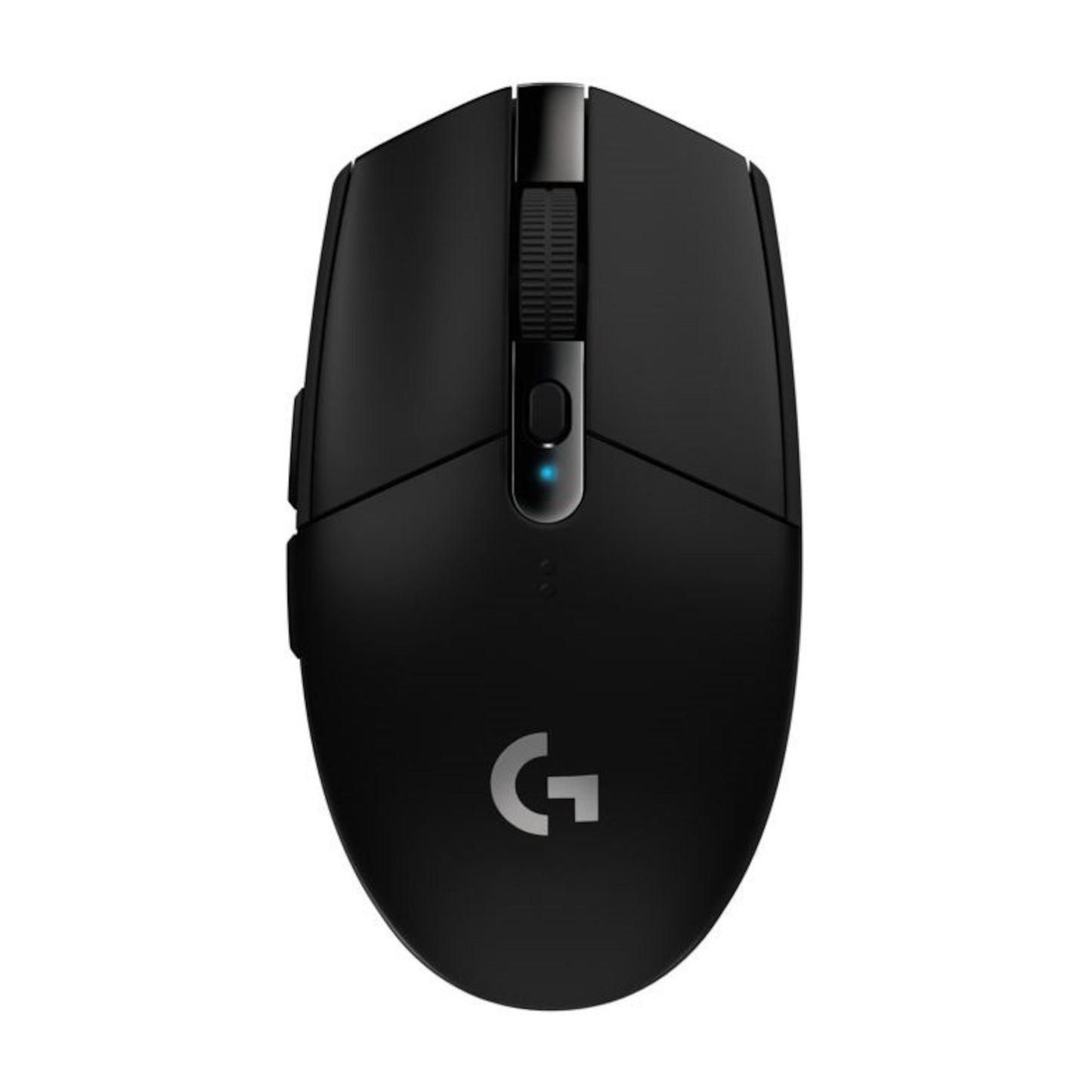 Logitech G305 Lightspeed sort trådløs gamingmus set oppefra med scrollhjul, blå LED, G-logo og HERO-sensor.