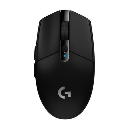 Logitech G305 Lightspeed sort trådløs gamingmus set oppefra med scrollhjul, blå LED, G-logo og HERO-sensor.
