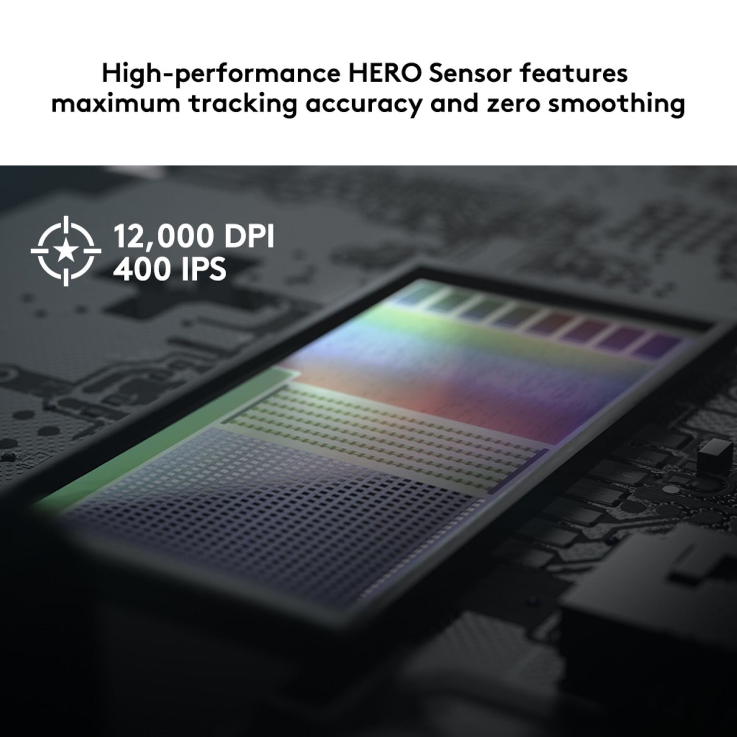 Logitech G305 Lightspeed trådløs gamingmus med HERO-sensor, 12.000 DPI, 400 IPS, nul udjævning og target-ikon overlay.