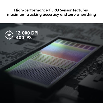 Logitech G305 Lightspeed trådløs gamingmus med HERO-sensor, 12.000 DPI, 400 IPS, nul udjævning og target-ikon overlay.