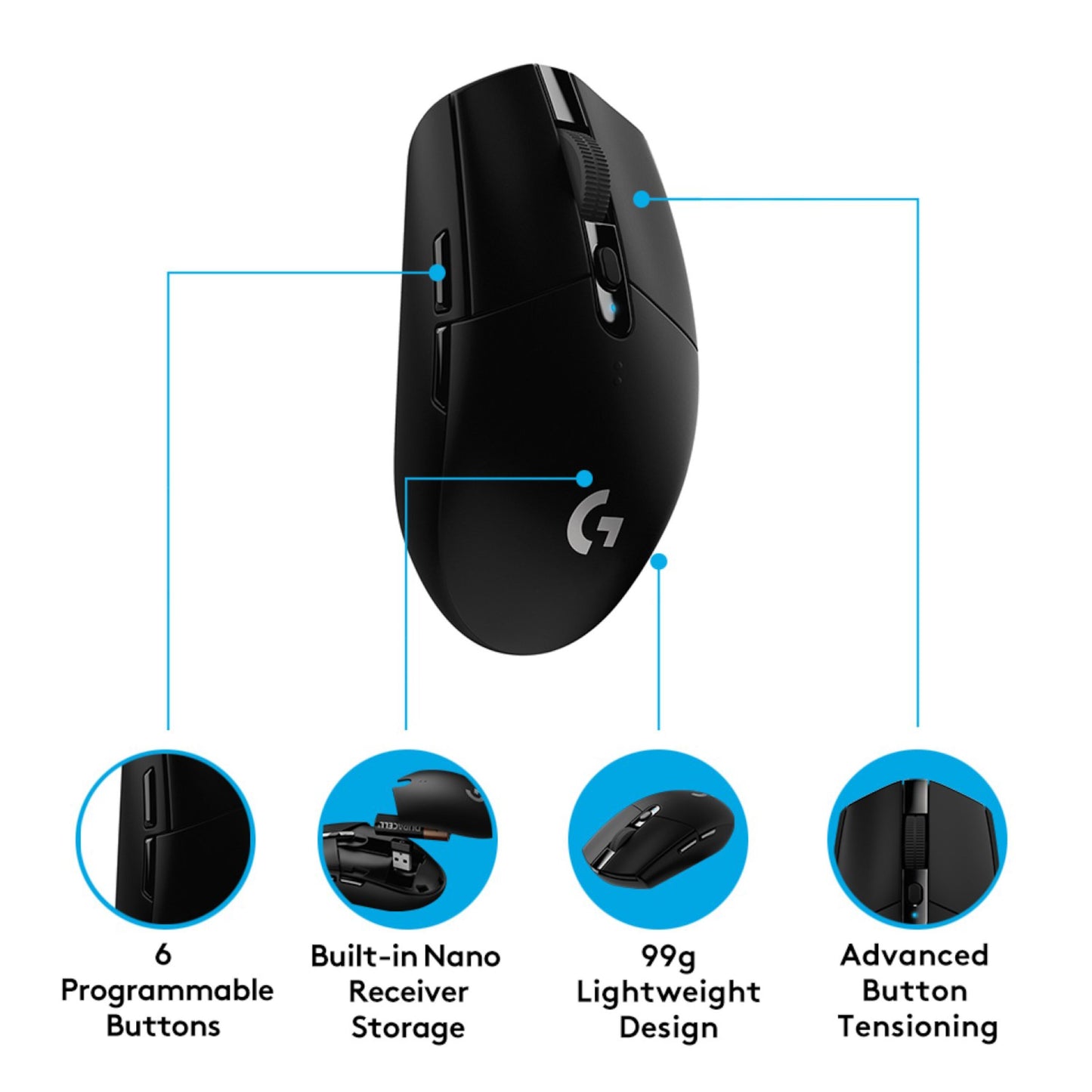 Logitech G305 Lightspeed sort trådløs gamingmus med 6 knapper, HERO-sensor, nano-modtageropbevaring, vægt 99g.