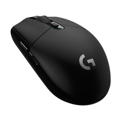 Logitech G 305 Lightspeed sort trådløs gamingmus med to sideknapper, scrollhjul, HERO-sensor og Logitech G-logo.