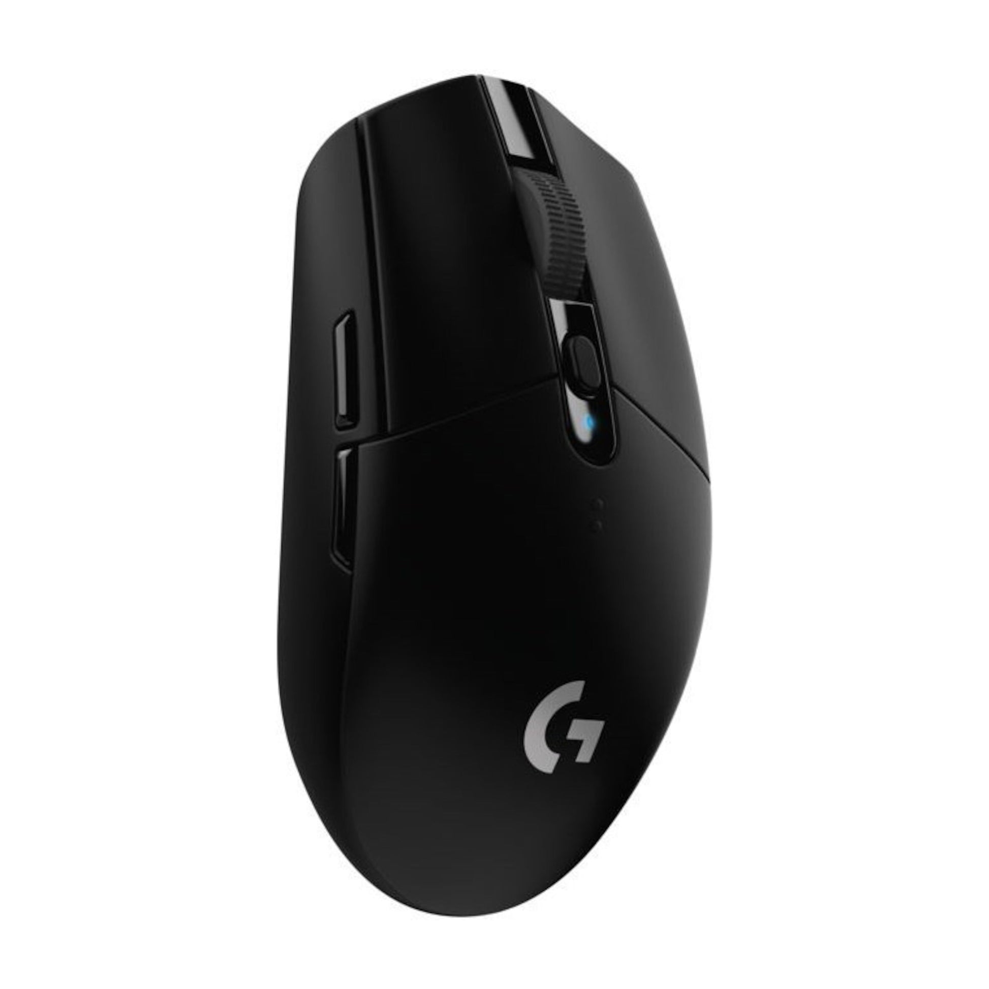 Logitech G305 Lightspeed trådløs gamingmus sort, HERO-sensor, scrollhjul, sideknapper, Logitech G-logo, set fra vinkel.
