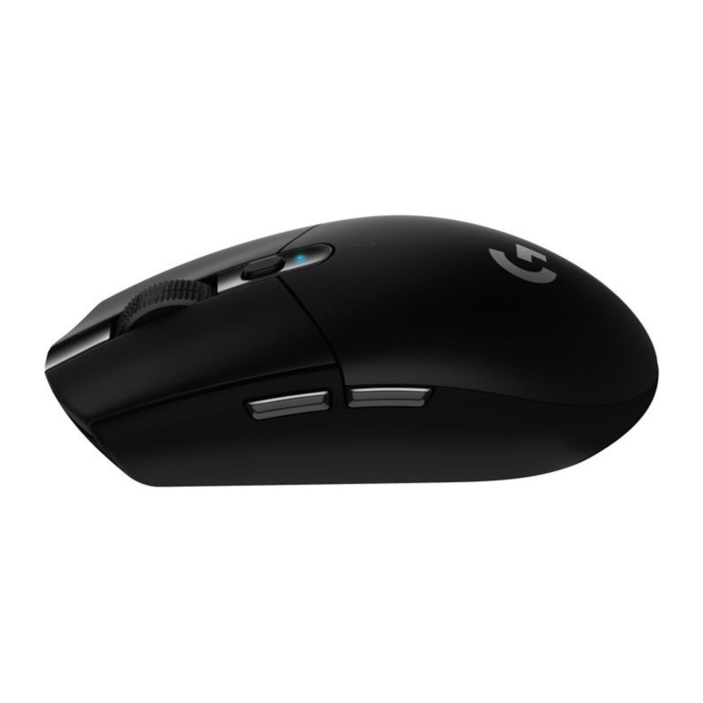 Logitech G 305 Lightspeed trådløs gamingmus, sort, set fra venstre med to sideknapper, scrollhjul, bageste G-logo, HERO-sensor.