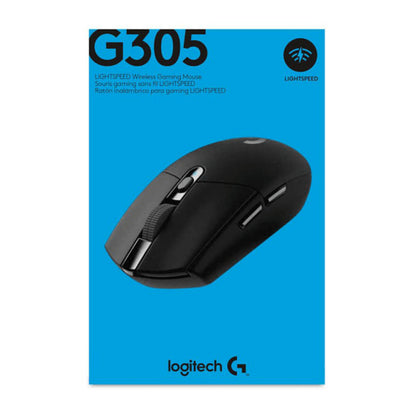 Logitech G305 Lightspeed trådløs sort gamingmus i blå emballage med HERO-sensor og LIGHTSPEED-teknologi.