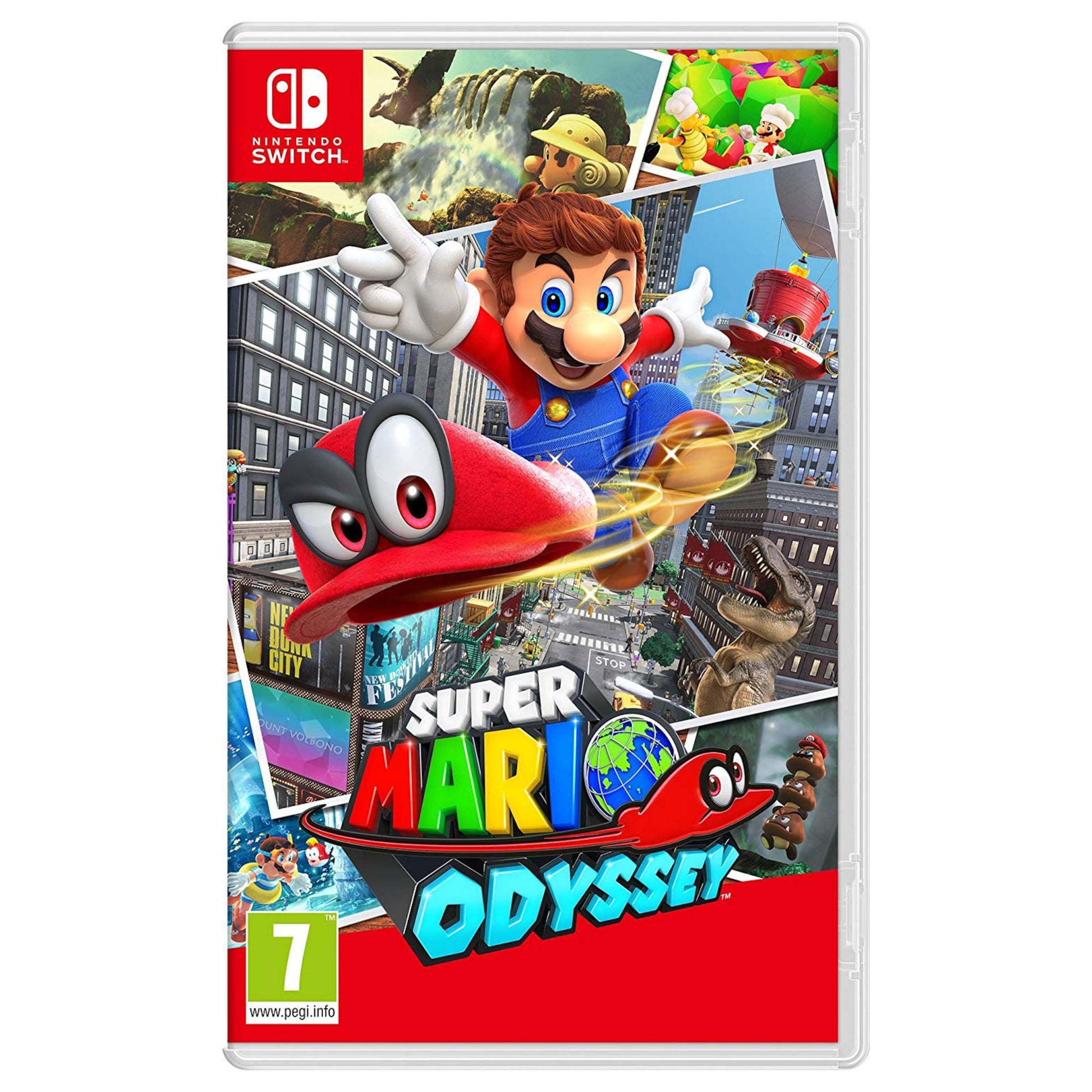 Super Mario Odyssey cover med Mario og Cappy foran farverig collage af spilverdenen Nintendo Switch.
