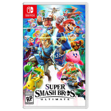 Nintendo Switch Super Smash Bros. Ultimate cover med Mario, Link, Pikachu, Kirby, Samus og Donkey Kong i actionscener.