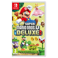 Cover of Nintendo New Super Mario Bros. U Deluxe, showing Mario with Luigi, Yoshi, and Toadette in a colorful world full of power-ups—ideal for lively multiplayer action on the Nintendo Switch.