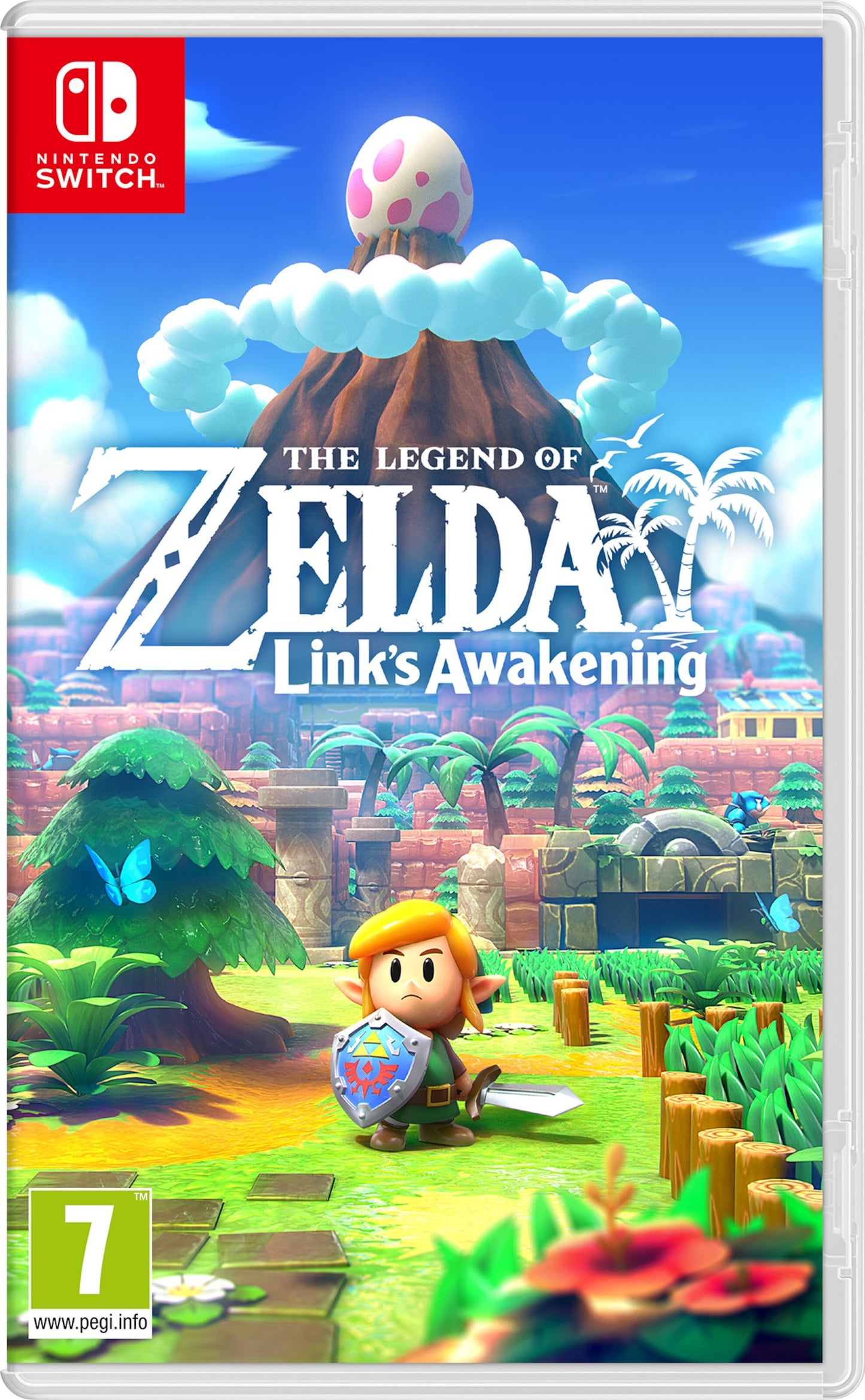 The Legend of Zelda: Link's Awakening cover med tegnet Link, sværd, skjold, landsby, grønne træer og bjerg med stort æg.