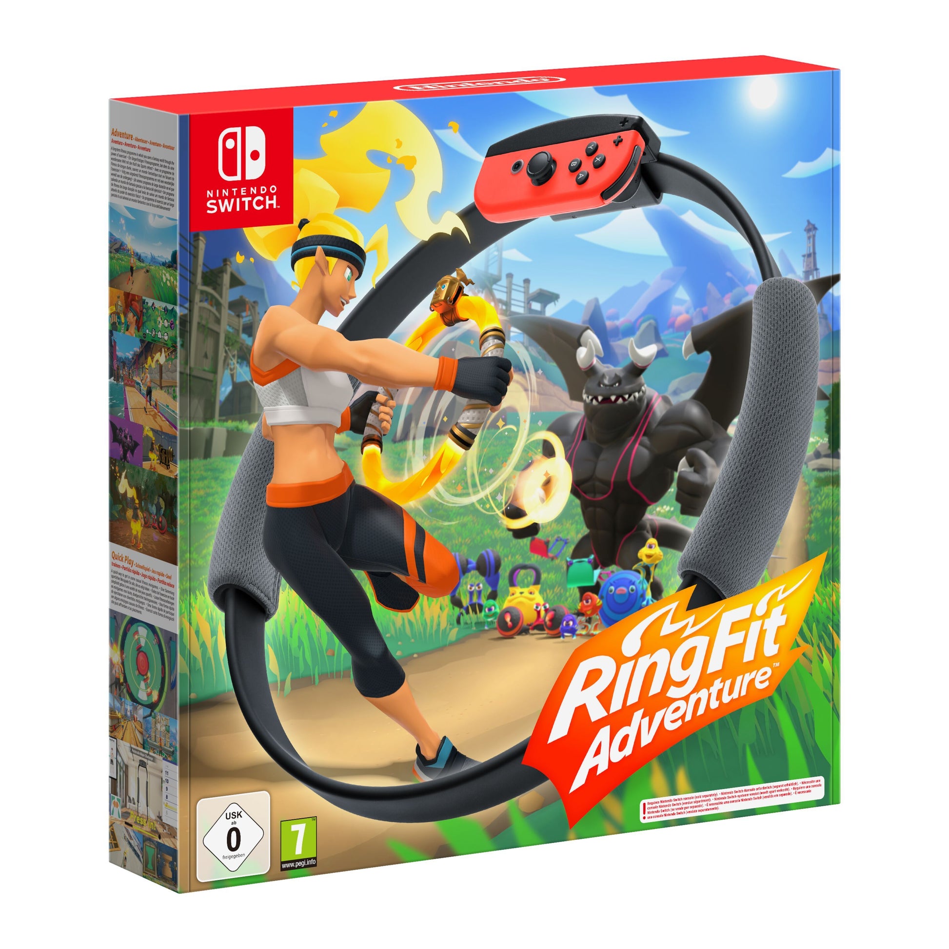 Nintendo Ring Fit Adventure til Switch med ring-controller og spilfigur, kamp mod drage vises på farverig baggrund.