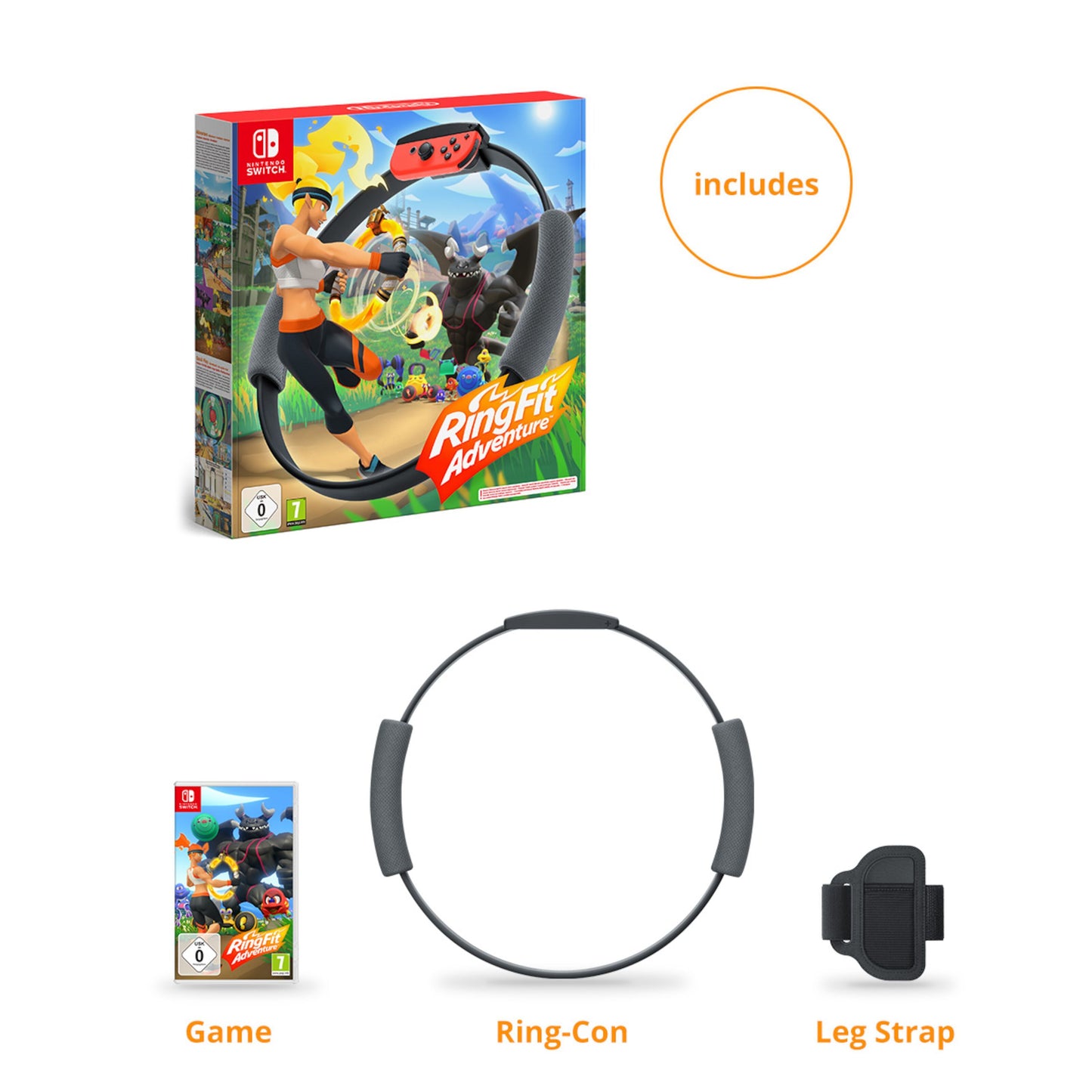 Nintendo Ring Fit Adventure til Switch inkl. spilæske, Ring-Con og benrem.