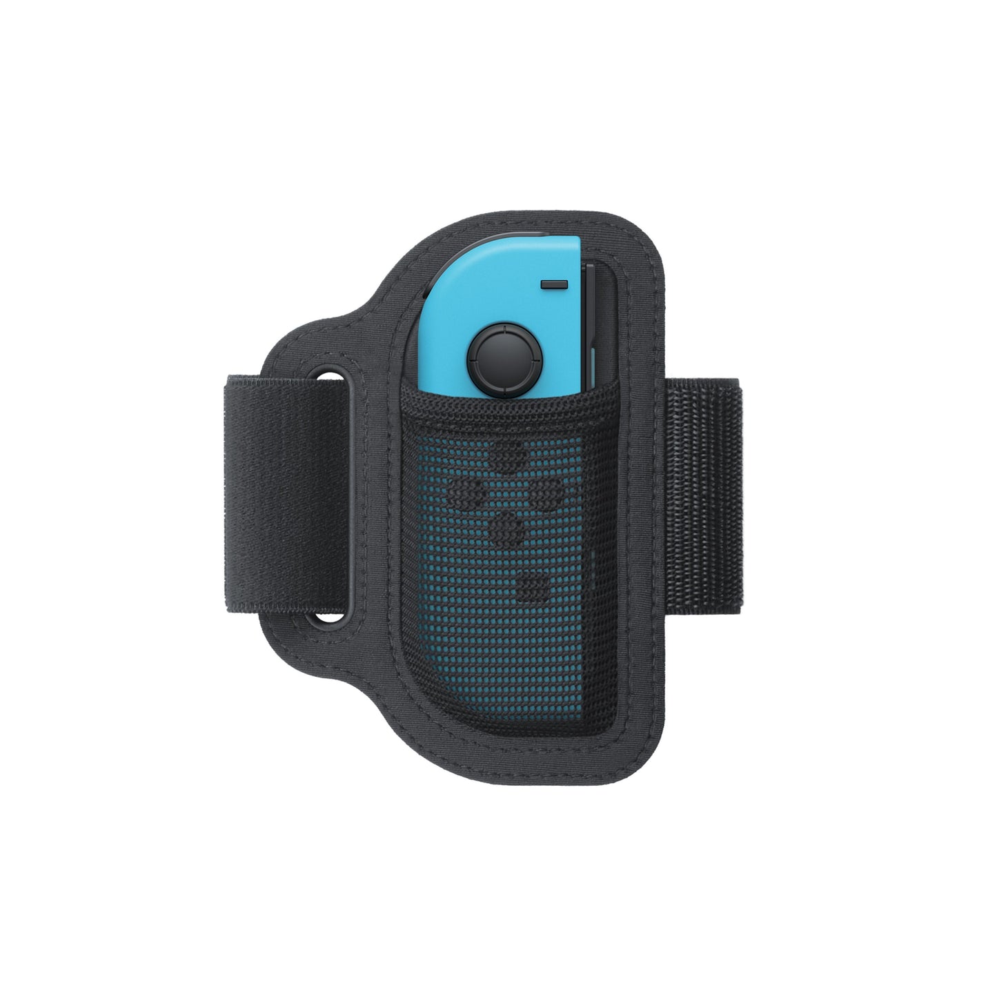 Blå Nintendo Switch Joy-Con i sort mesh-armbånd med velcro, kompatibel med Ring Fit Adventure til Switch.