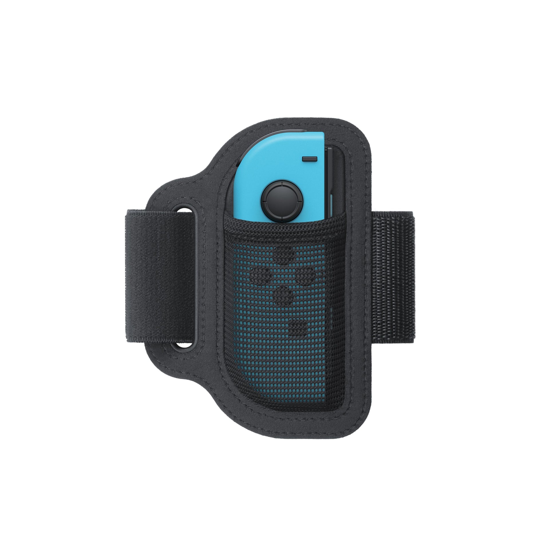 Blå Nintendo Switch Joy-Con i sort mesh-armbånd med velcro, kompatibel med Ring Fit Adventure til Switch.