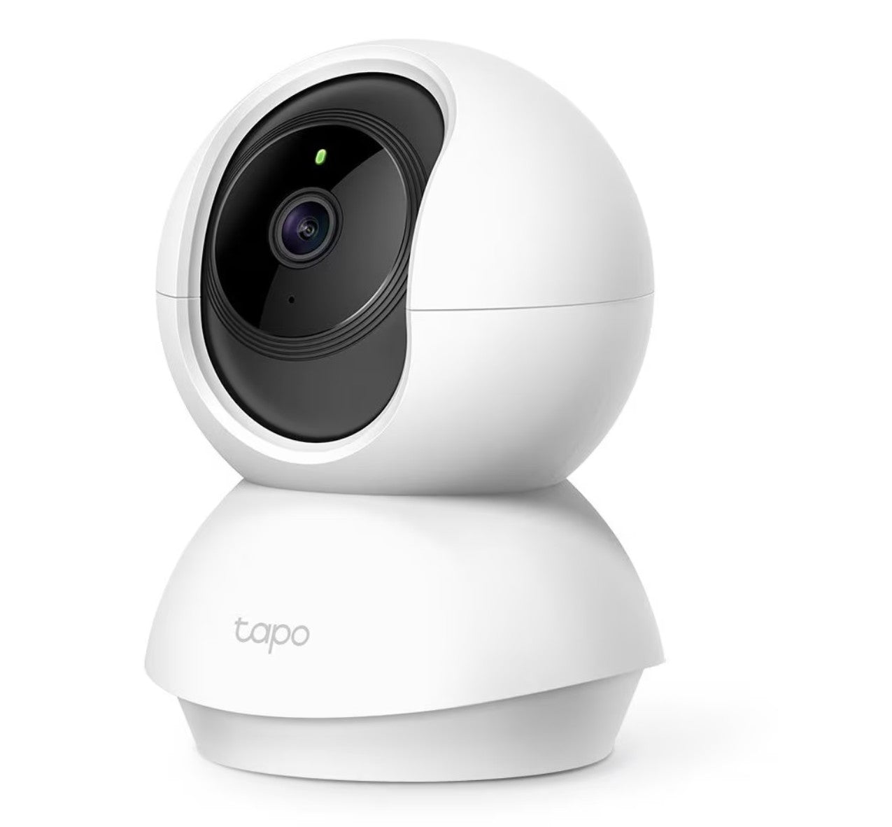TP-Link Tapo C200 trådløst overvågningskamera i hvid med afrundet design, sort linse og grøn indikator.
