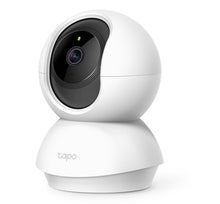 TP-Link Tapo C200 trådløst overvågningskamera i hvid med afrundet design, sort linse og grøn indikator.