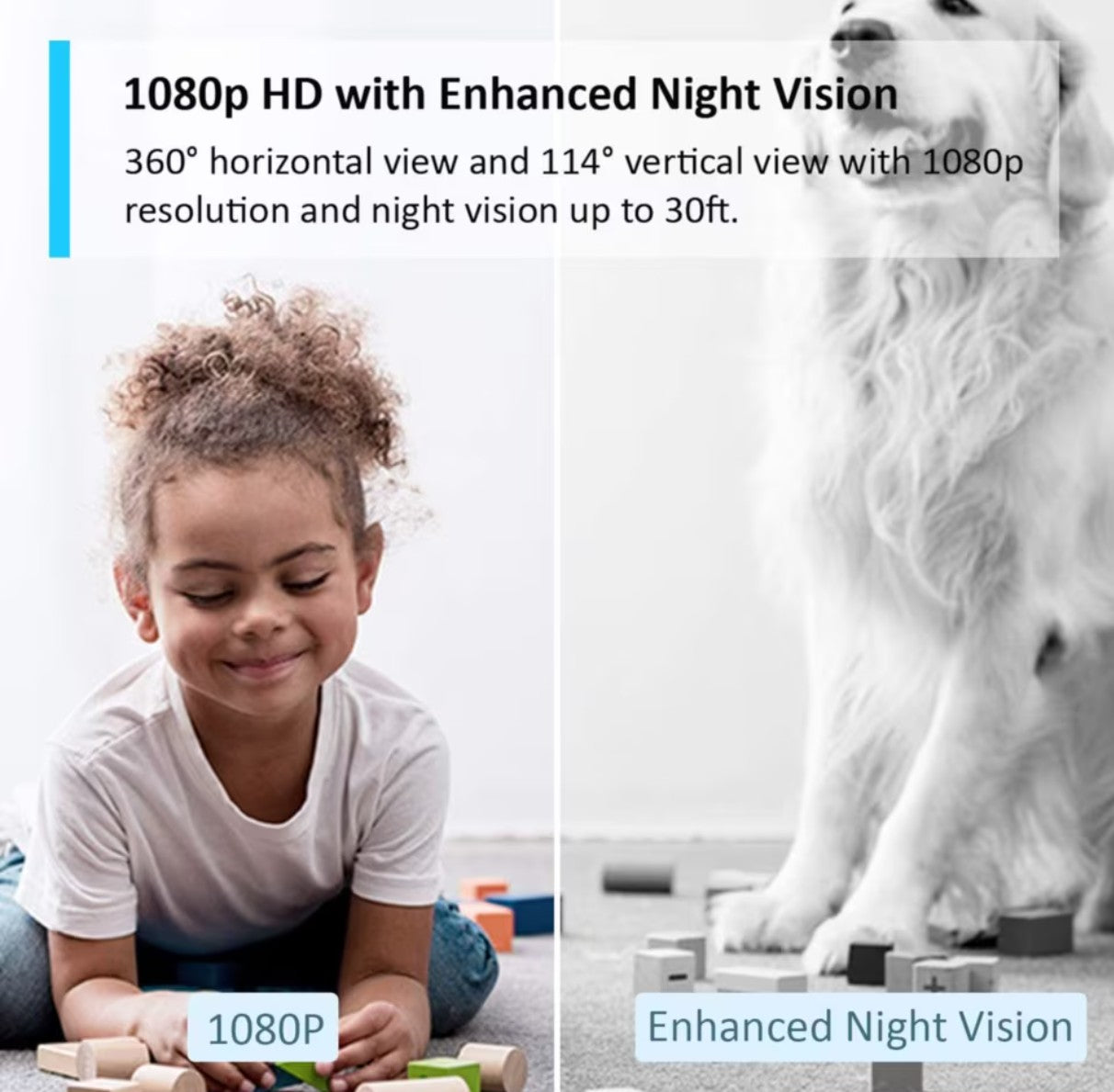 TP-Link Tapo C200 trådløst overvågningskamera 1080p HD Night Vision Wi-Fi, vises hjemme i rum med barn og stor hvid hund.
