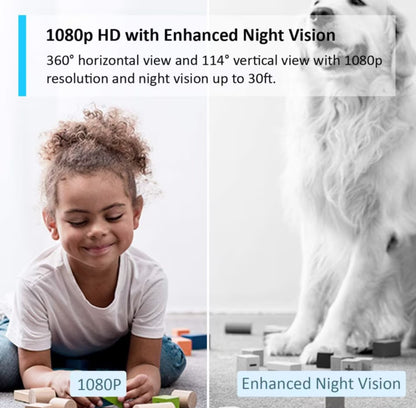 TP-Link Tapo C200 trådløst overvågningskamera 1080p HD Night Vision Wi-Fi, vises hjemme i rum med barn og stor hvid hund.