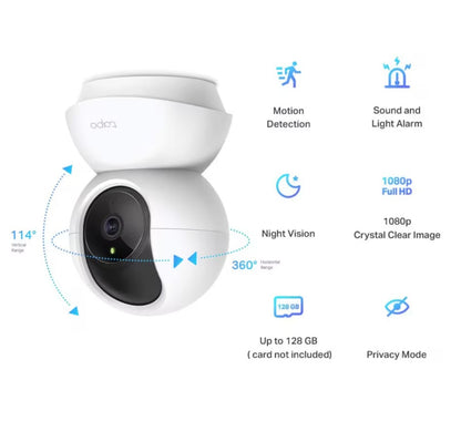 TP-Link Tapo C200 overvågningskamera, 1080p HD, bevægelsesdetektion, nattesyn, 360°/114° dækning, microSD op til 128 GB.