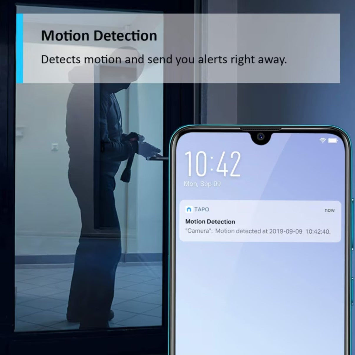 TP-Link Tapo C200 trådløst overvågningskamera vist via smartphone med bevægelsesalarm på skærmen.