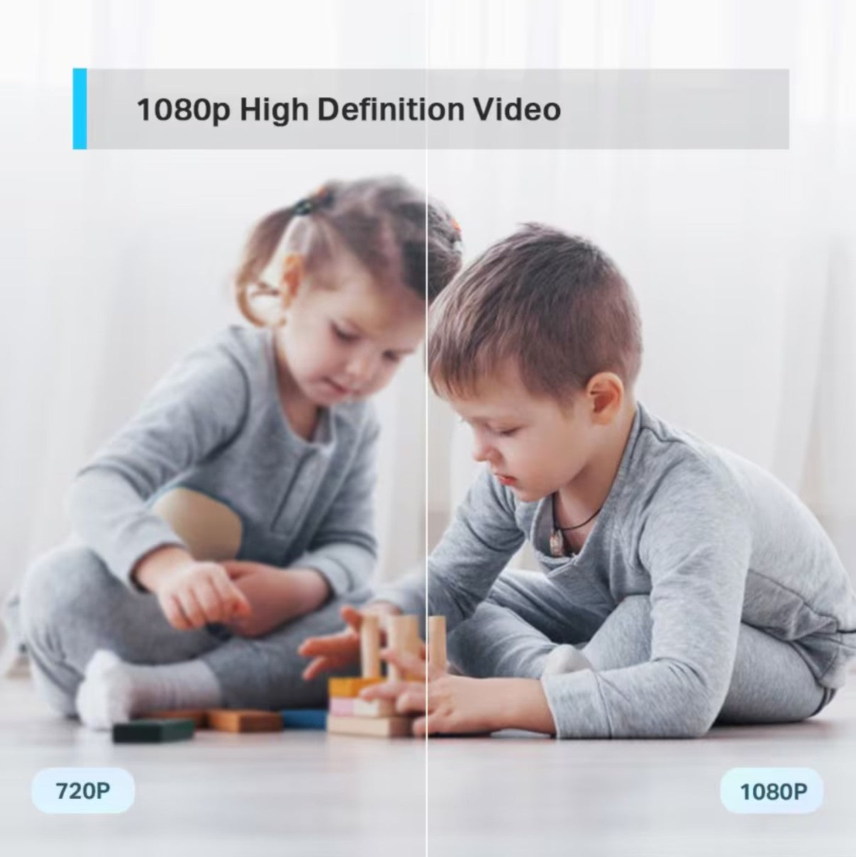 TP-Link Tapo C200 trådløst overvågningskamera sammenligning af 1080P vs 720P billedkvalitet, børn leger med klodser.