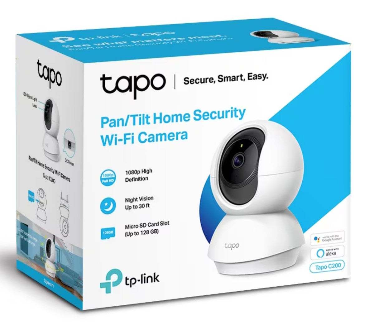 TP-Link Tapo C200 trådløst overvågningskamera emballage med 1080p HD, nattesyn, microSD-kortslot, Secure Smart Easy.