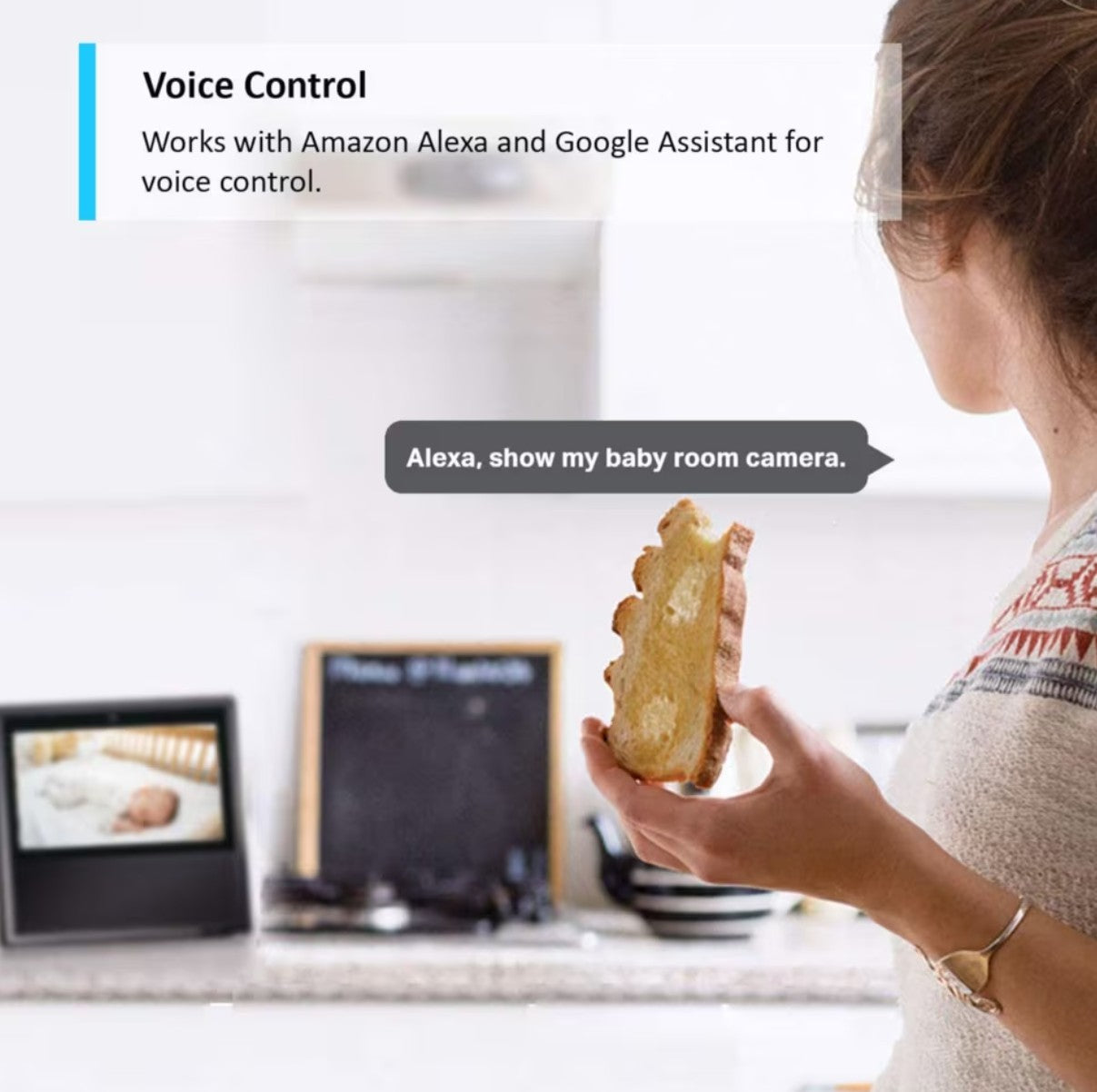 TP-Link Tapo C200 trådløst overvågningskamera vises med baby room feed, kompatibel med Alexa og Google Assistant.