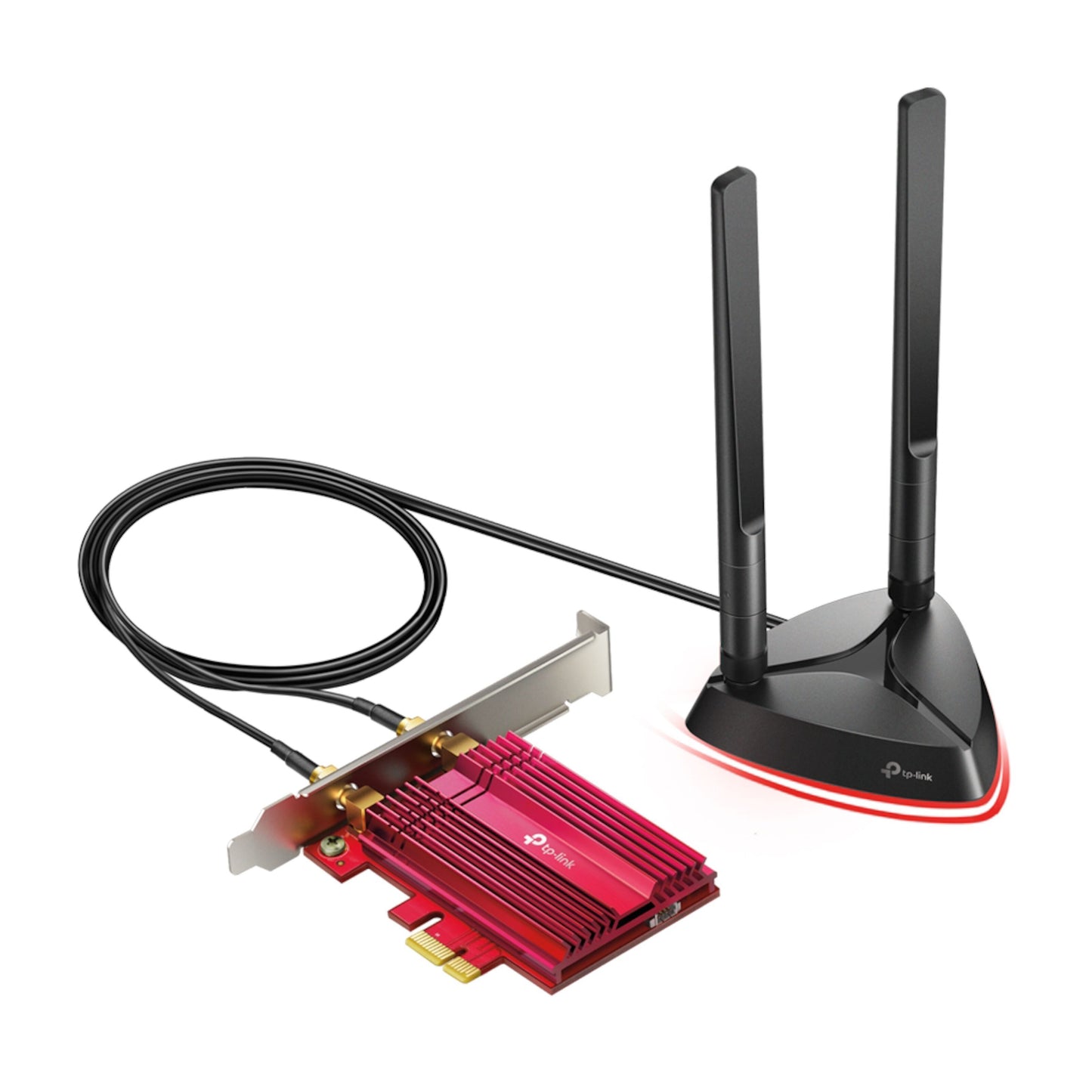 TP-Link Archer TX3000E rødt PCI Express netværkskort AX3000 med sort base, to lodrette antenner, Bluetooth 5.