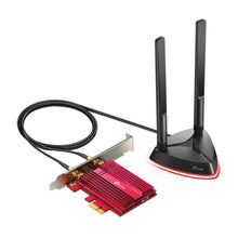 TP-Link Archer TX3000E rødt PCI Express netværkskort AX3000 med sort base, to lodrette antenner, Bluetooth 5.
