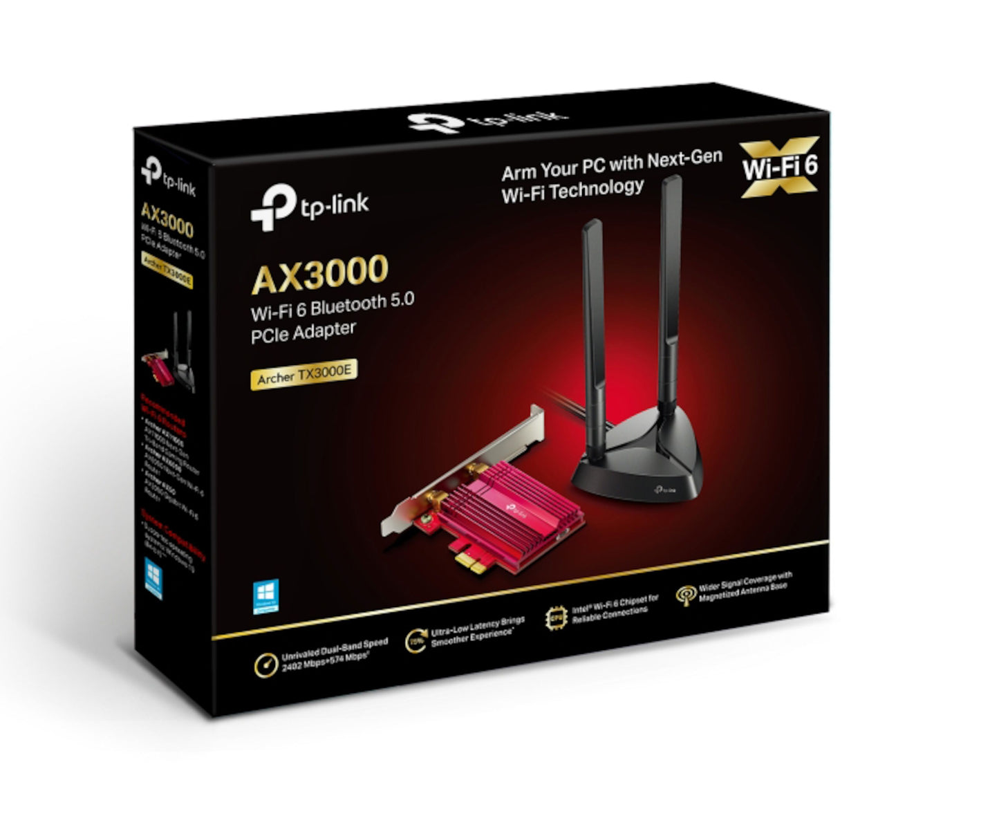 TP-Link Archer TX3000E PCI Express netværkskort AX3000 med antenner, WiFi 6 logo og kompatibilitet vist på æsken.