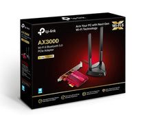 TP-Link Archer TX3000E PCI Express netværkskort AX3000 med antenner, WiFi 6 logo og kompatibilitet vist på æsken.