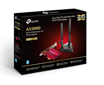 TP-Link Archer TX3000E PCI Express netværkskort AX3000 med antenner, WiFi 6 logo og kompatibilitet vist på æsken.