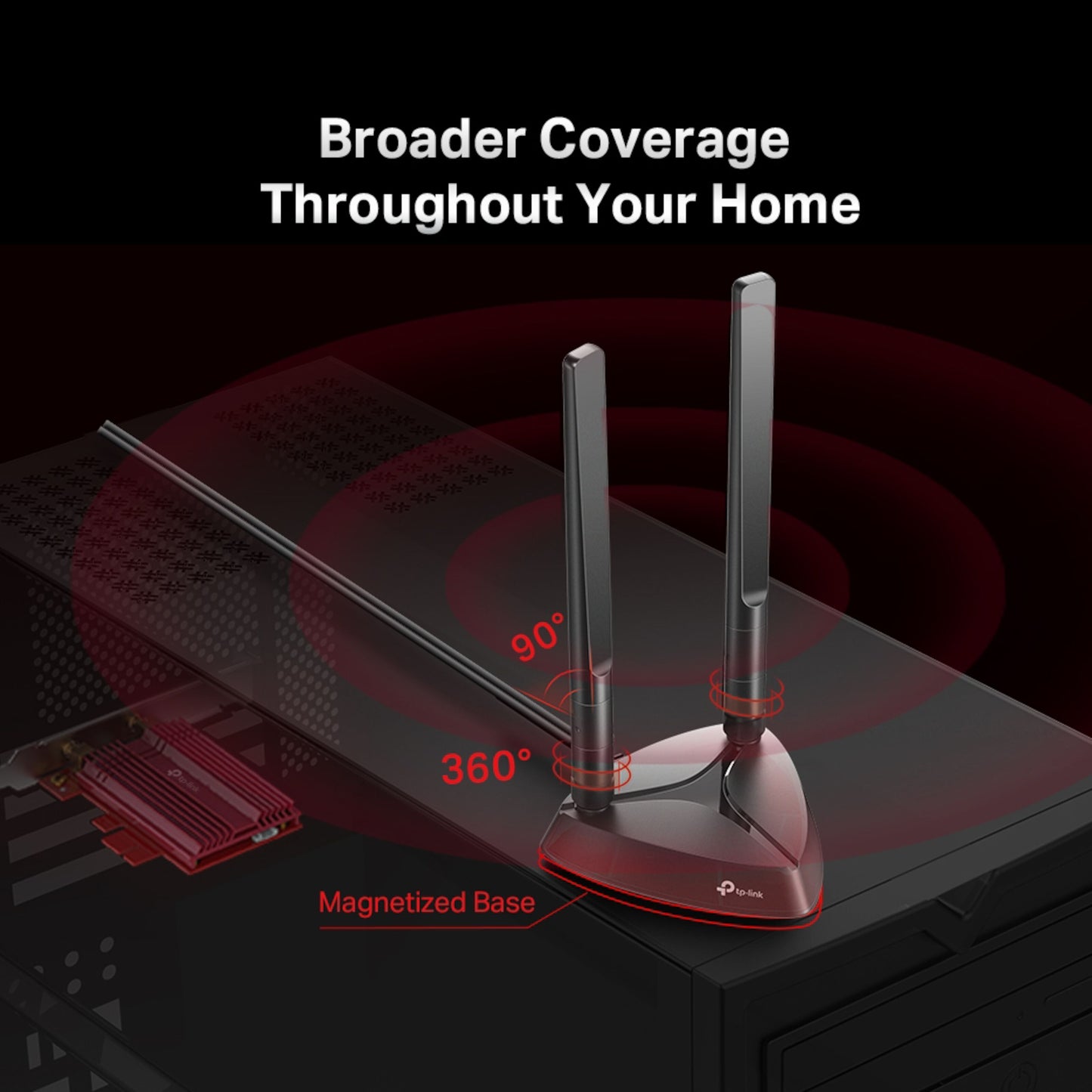 TP-Link Archer TX3000E PCI Express AX3000 netværkskort med to WiFi 6-antenner og magnetisk base, justerbar vinkel.