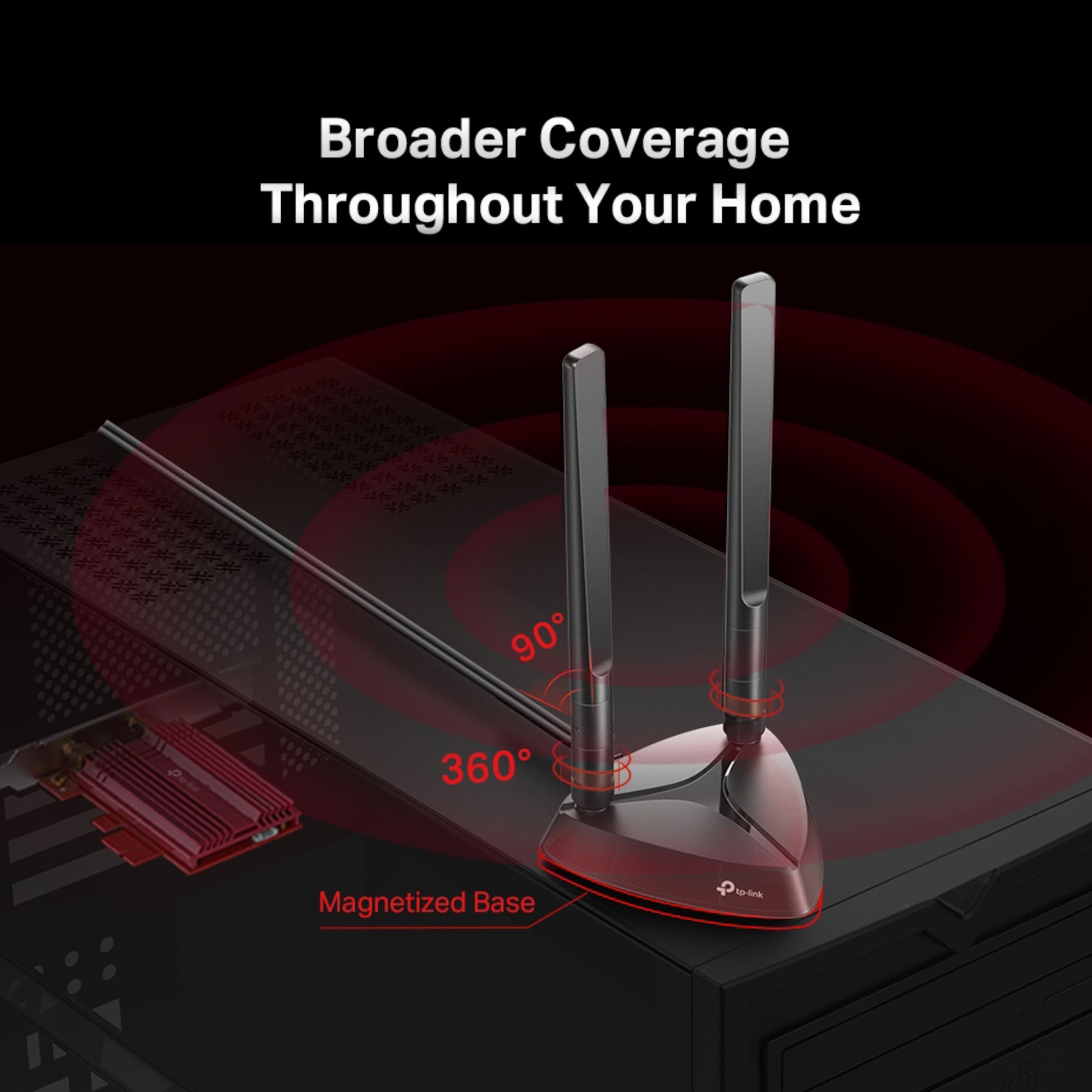 TP-Link Archer TX3000E PCI Express AX3000 netværkskort med to WiFi 6-antenner og magnetisk base, justerbar vinkel.
