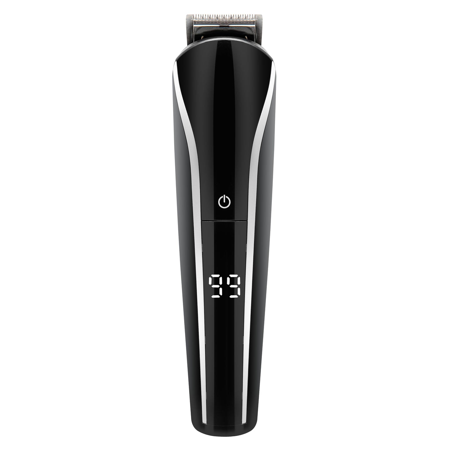 Rubicson multitrimmersæt hår- og skægtrimmer med digitalt display 99, central tænd/sluk-knap og metallisk skær.