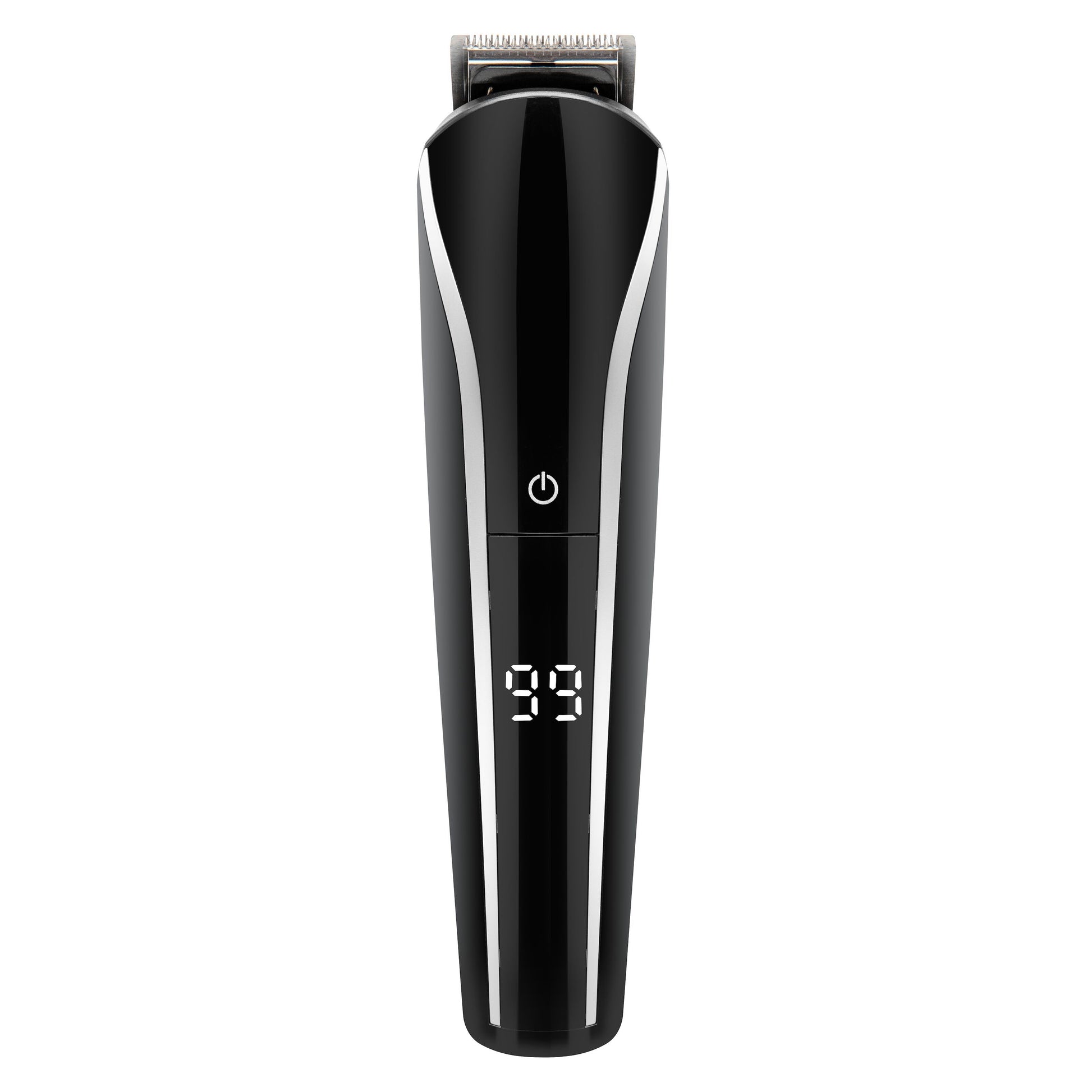 Rubicson multitrimmersæt hår- og skægtrimmer med digitalt display 99, central tænd/sluk-knap og metallisk skær.