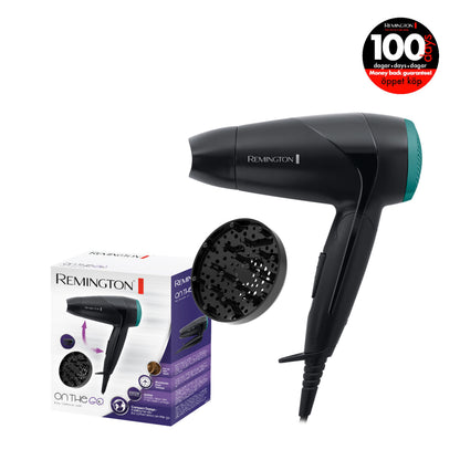 Remington D1500 hårtørrer 2000 W sort med turkise detaljer, inkl. diffuser og emballage, 100 pengene tilbage badge vises.