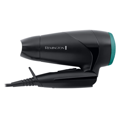 Remington D1500 hårtørrer 2000W, kompakt, sammenklappelig, sort med turkis detaljer.