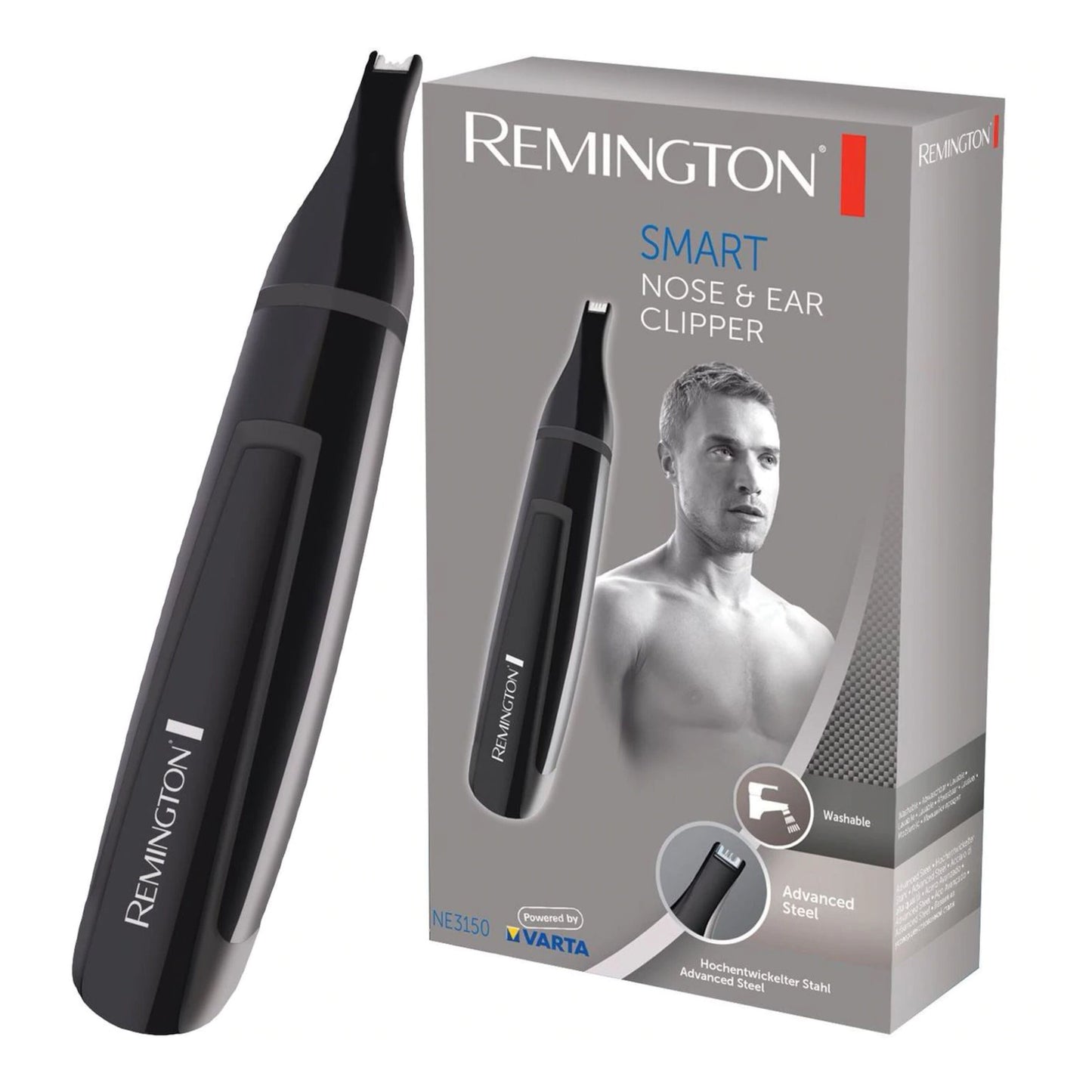 Remington NE3150 batteridrevet detaljetrimmer ved siden af æske med billede af trimmer, mand, vaskbart design og stålblade.