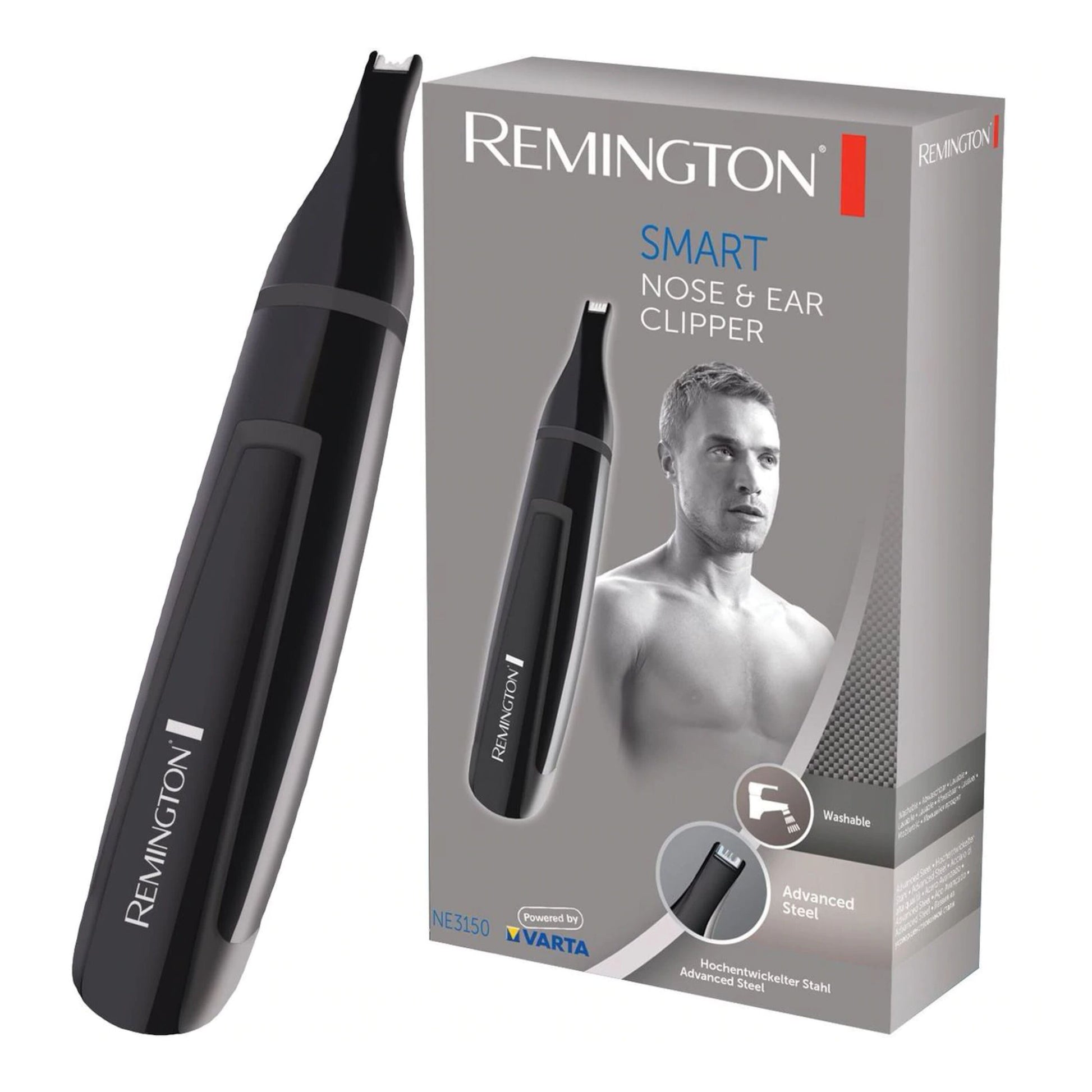 Remington NE3150 batteridrevet detaljetrimmer ved siden af æske med billede af trimmer, mand, vaskbart design og stålblade.