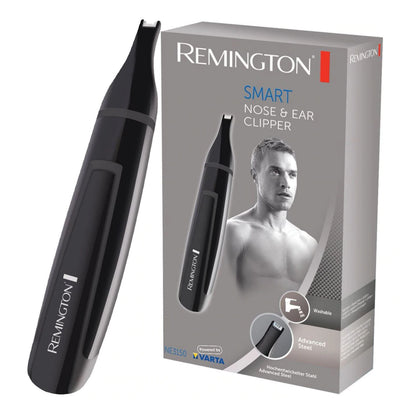 Remington NE3150 batteridrevet detaljetrimmer ved siden af æske med billede af trimmer, mand, vaskbart design og stålblade.