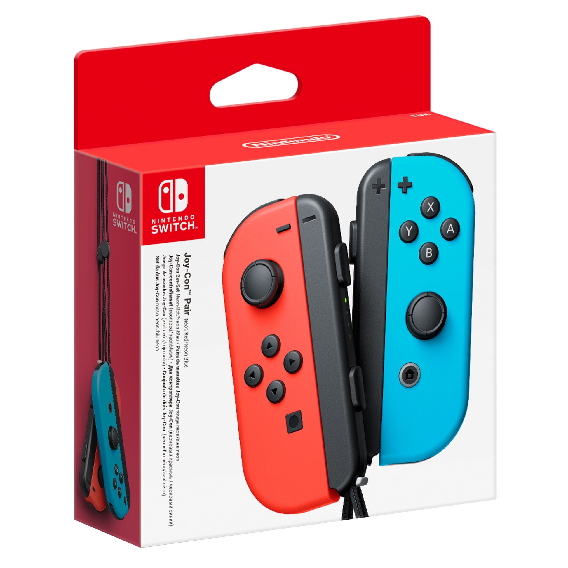 Nintendo Joy-Con controller-par blå/rød i hvid æske med rød top og Switch-logo, forsiden viser begge controllere.