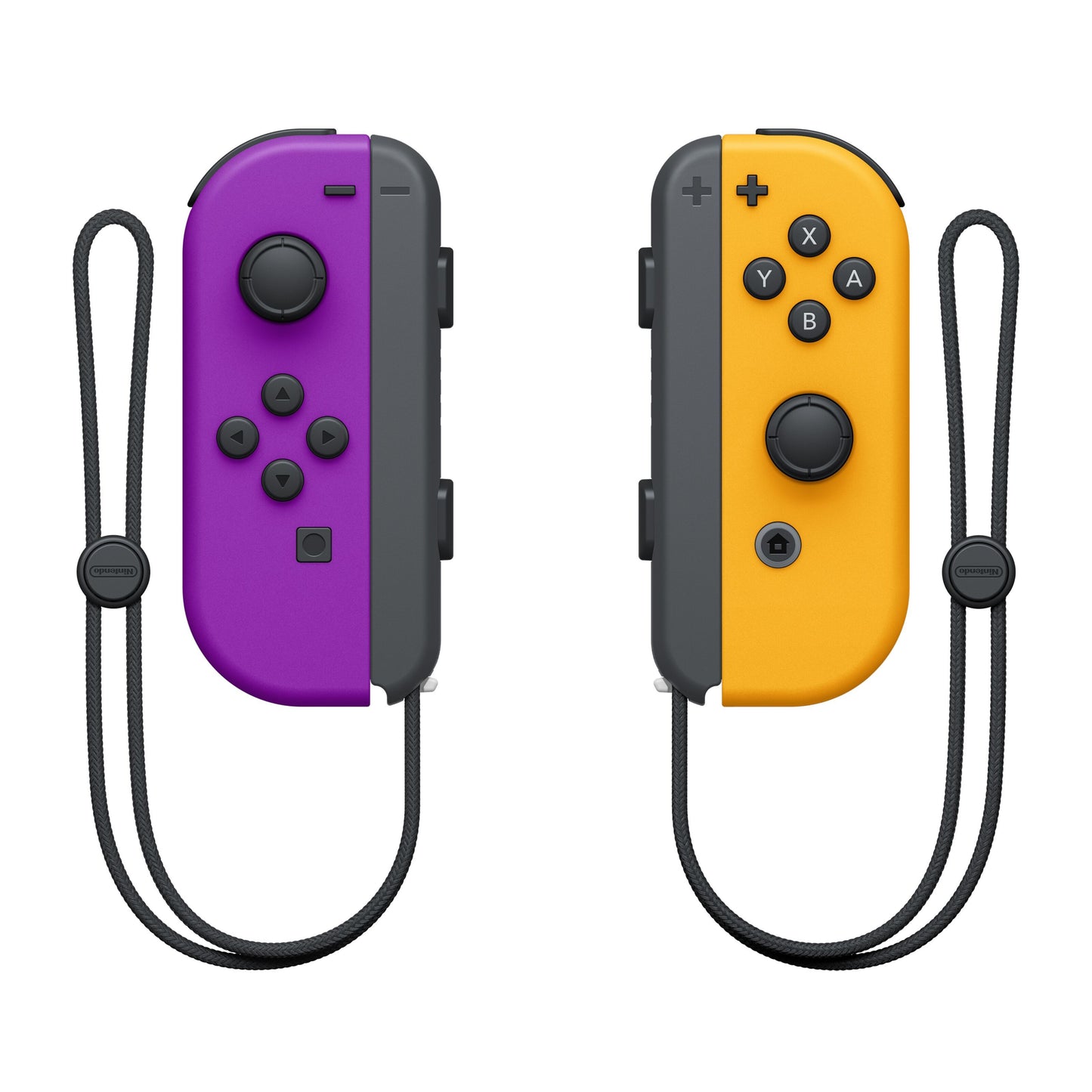 Nintendo Joy-Con par, lilla venstre og orange højre controller, begge med monteret håndledsremme, vist vertikalt.