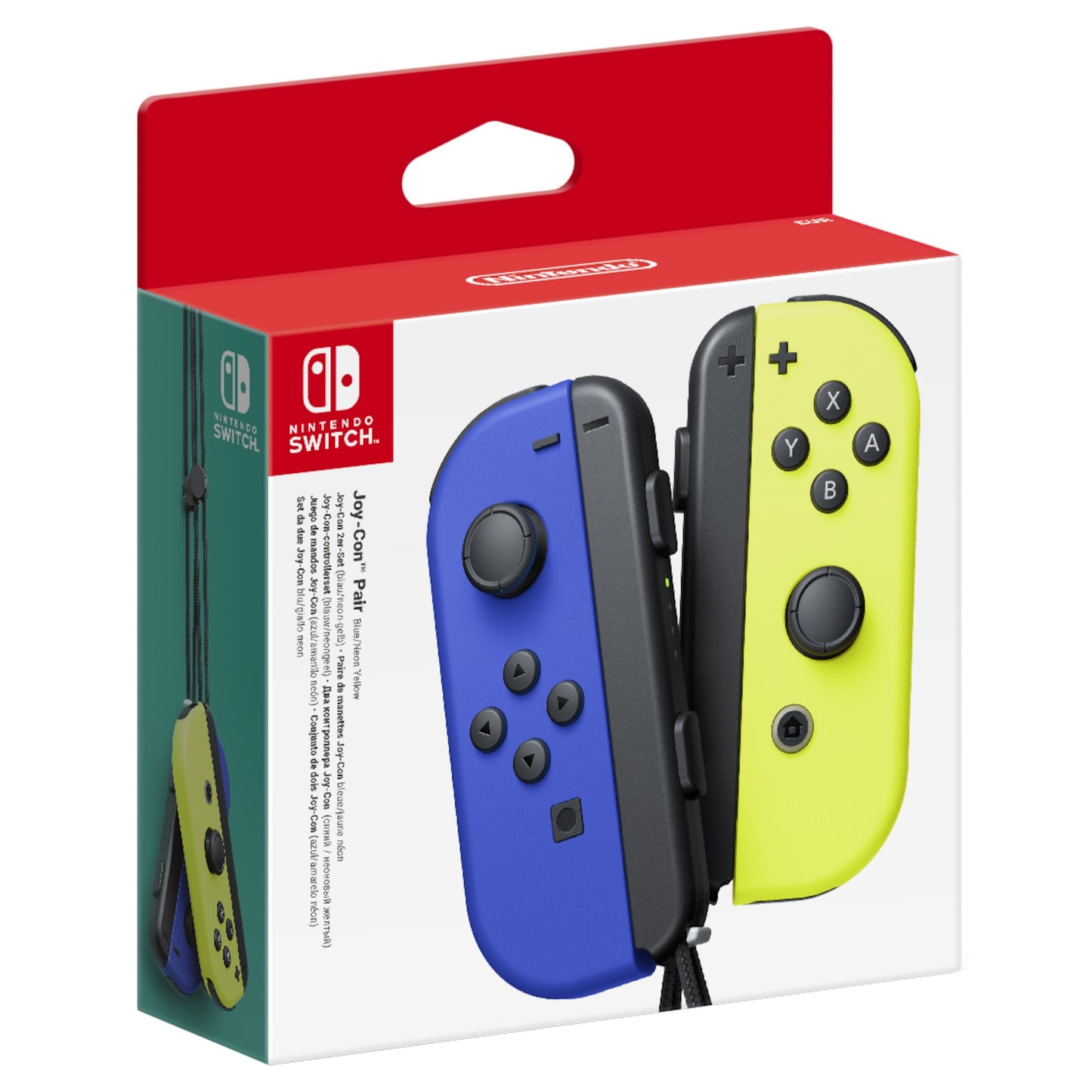 Nintendo Joy-Con controllerpar blå/gul i detalieret emballage med blå og gul Joy-Con og rødt Nintendo-logo på toppen.